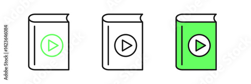 Set line Audio book icon isolated on white background. Play button and book. Audio guide sign. Online learning concept. Vector