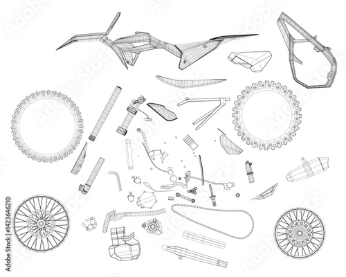 A drawing of a disassembled motorcycle with many parts. The drawing is black and white. The drawing conveys a sense of disarray