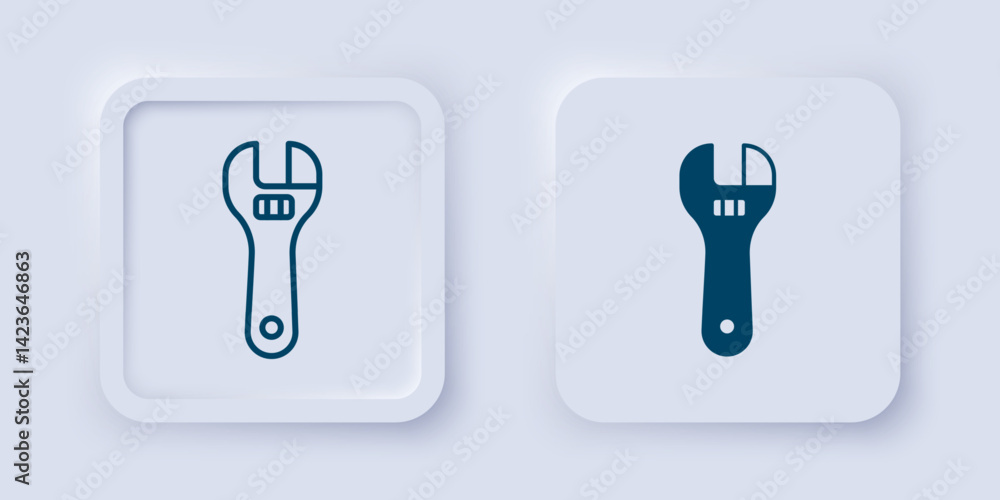 Filled and outline Adjustable wrench icon isolated on grey background. Square button. Vector Filled and outline Adjustable wrench icon isolated on grey background. Square button. Vector