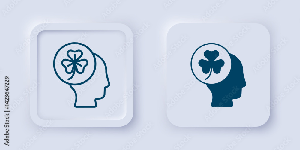 Filled and outline Human head with clover trefoil leaf icon isolated on grey background. Happy Saint Patricks day. National Irish holiday. Square button. Vector Filled and outline Human head with clover trefoil leaf icon isolated on grey background. Happy Saint Patricks day. National Irish holiday. Square button. Vector