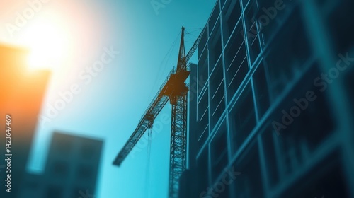 Construction crane towering over modern buildings during sunset with vibrant colors
