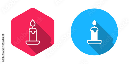 Filled and outline Burning candle in candlestick icon isolated with long shadow background. Cylindrical candle stick with burning flame. Vector