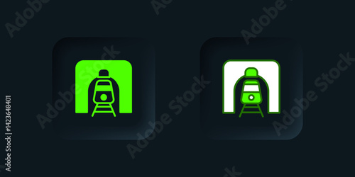 Green Train in railway tunnel icon isolated on black background. Railroad tunnel. Black square button. Vector