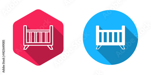 Filled and outline Baby crib cradle bed icon isolated with long shadow background. Vector