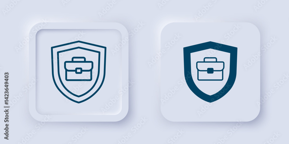 Filled and outline Briefcase with shield icon isolated on grey background. Insurance concept. Security, safety, protection, protect concept. Square button. Vector