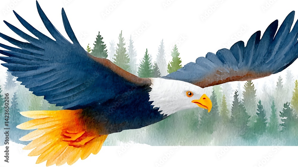 Fototapeta premium Realistic Watercolor Bald Eagle Flying Over Forest Landscape