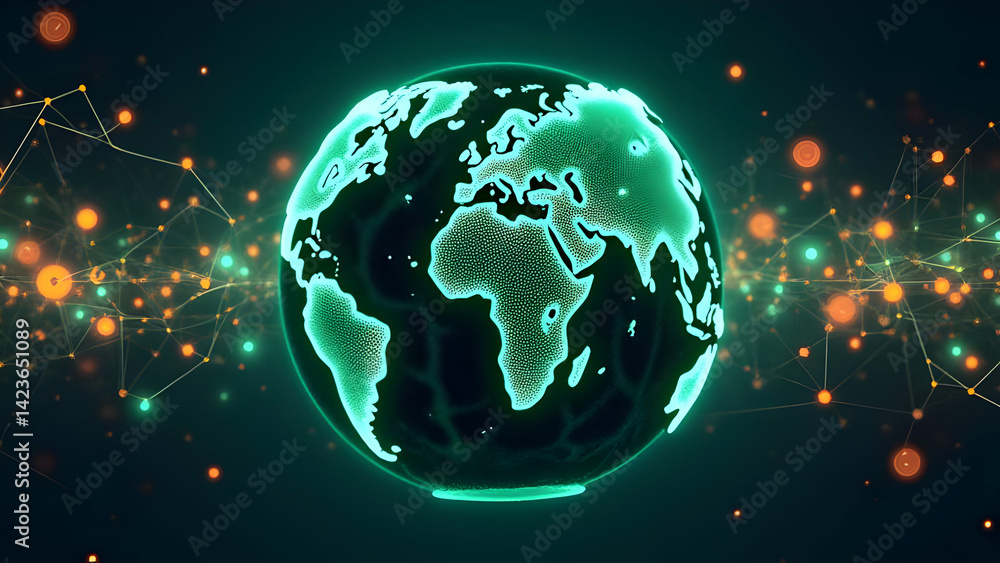 Fototapeta premium Luminous Green Outline: Earth Surrounded by Multicolored Circuit Web