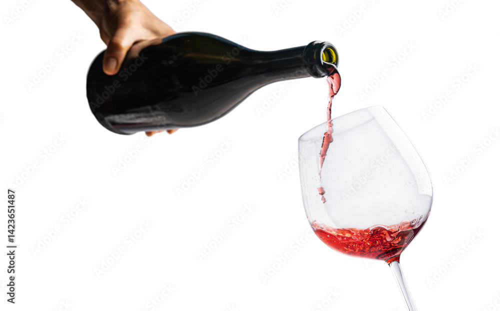 A close-up of red wine being poured into a glass, isolated on a white background. The splash and flow of the liquid capture a dynamic moment.