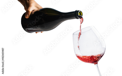 Obraz na płótnie A close-up of red wine being poured into a glass, isolated on a white background. The splash and flow of the liquid capture a dynamic moment. w salonie