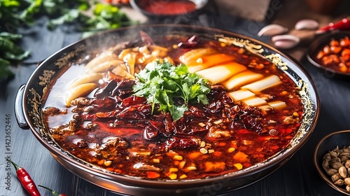 ingredients A plate of spicy Sichuan hotpot with bubbling broth and fresh