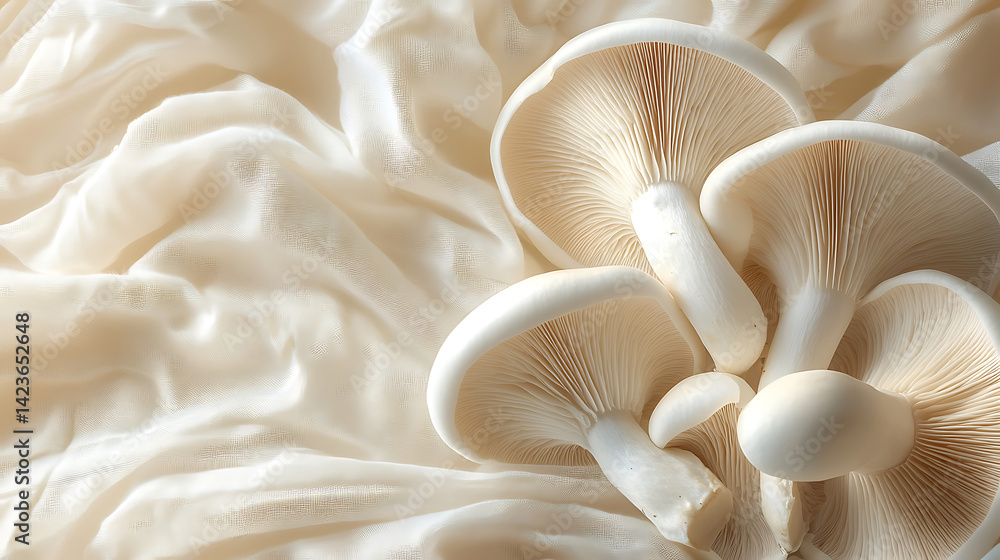 Fresh Mushrooms Arranged Artistically on a Soft Fabric Background Creating a Serene Composition Fresh Mushrooms Arranged Artistically on a Soft Fabric Background Creating a Serene Composition
