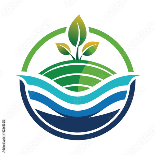 Elegant vector logo design for aquaponic farming application showcasing harmonious balance between plants and water resources