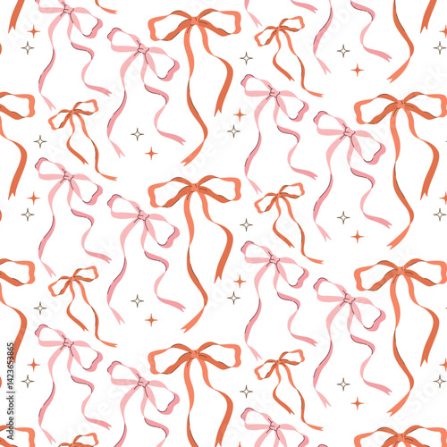 Seamless pattern with pink and red ribbon bows and sparkles. Cute and festive design for wrapping paper, Valentine's Day, baby girl themes, or textile prints.