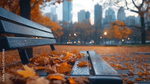 Autumn city park bench leaves