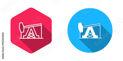 Filled and outline Oil pump or pump jack icon isolated with long shadow background. Oil rig. Vector