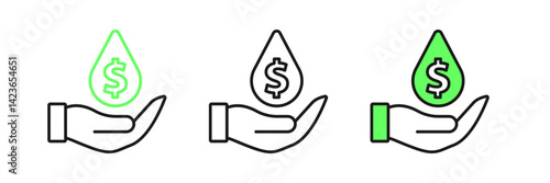 Set line Oil drop with dollar symbol icon isolated on white background. Oil price. Oil and petroleum industry. Vector