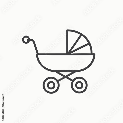 Sketch of a baby carriage with a book in the middle. Baby carriage, icon. Baby pram on a white background.