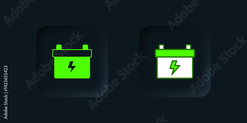 Green Car battery icon isolated on black background. Accumulator battery energy power and electricity accumulator battery. Black square button. Vector