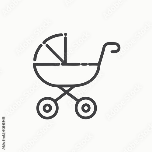 Sketch of a baby carriage with a book in the middle. Baby carriage, icon. Baby pram on a white background.