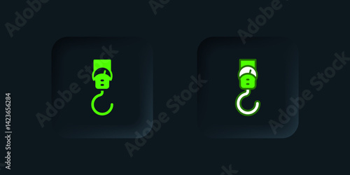 Green Spring scale icon isolated on black background. Balance for weighing. Determination of weight. Black square button. Vector