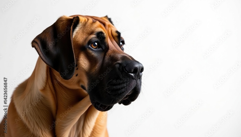 Obraz premium Noble Mastiff head shot, intense gaze, pure white backdrop, eyes, animal