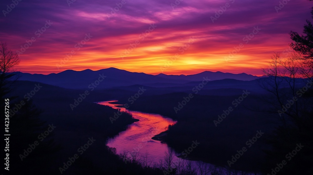 Fototapeta premium Vibrant sunrise over a river valley and mountain range.