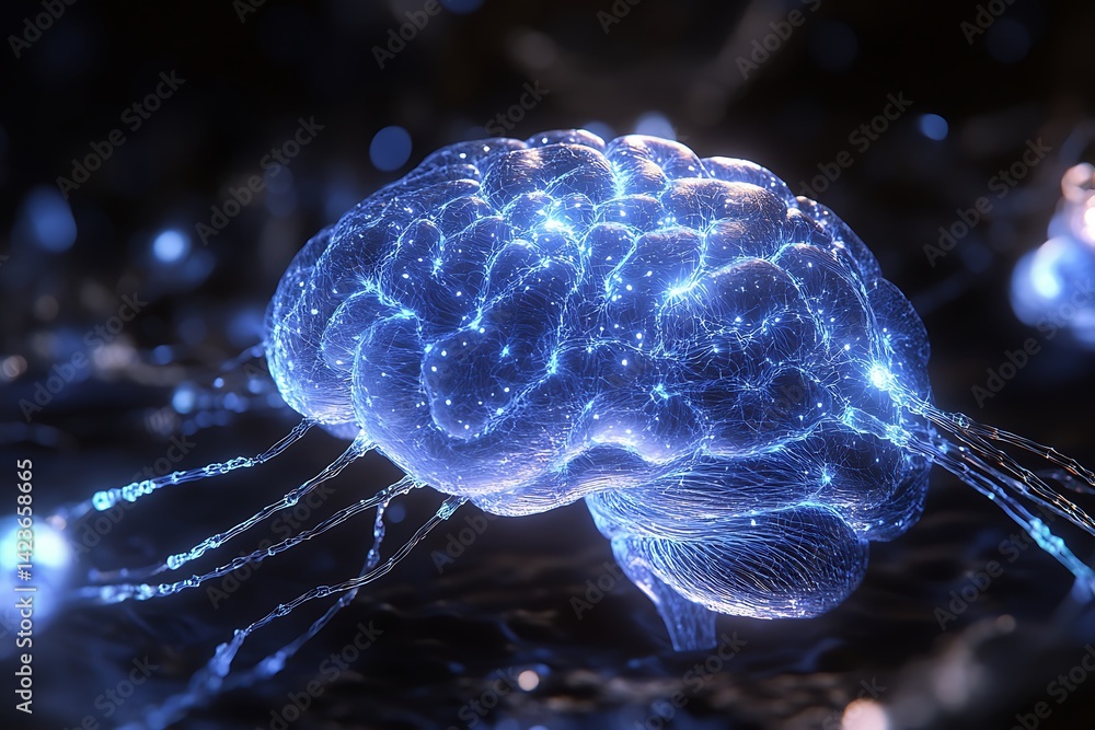 A blue brain with glowing lines and dots A blue brain with glowing lines and dots
