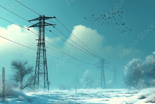 Winter power lines snowy field birds minimalist energy landscape