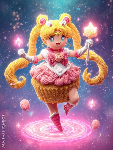 Kawaii magical cosmic background behind cupcake character. Magical food cupcake. Solo cupcake. Magical kawaii background. A cute star aura. Surreal. She is a a warrior cupcake.