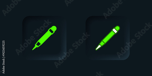 Green Pencil with eraser icon isolated on black background. Drawing and educational tools. School office symbol. Black square button. Vector