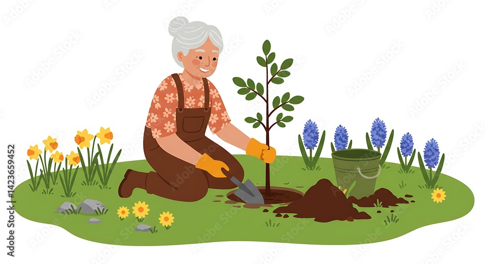 Fototapeta premium Planting a Tree in Spring Garden with Flowers and Gardening Tools