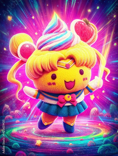 Kawaii magical cosmic background behind cupcake character. Magical food cupcake. Solo cupcake. Magical kawaii background. A cute star aura. Surreal. She is a a warrior cupcake.