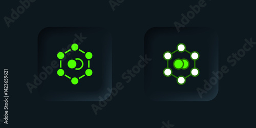 Green Molecule icon isolated on black background. Structure of molecules in chemistry, science teachers innovative educational poster. Black square button. Vector