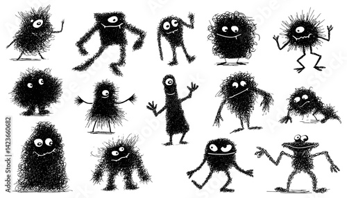 Collection of whimsical doodle monsters, creating a playful and cartoonish fantasy scene 