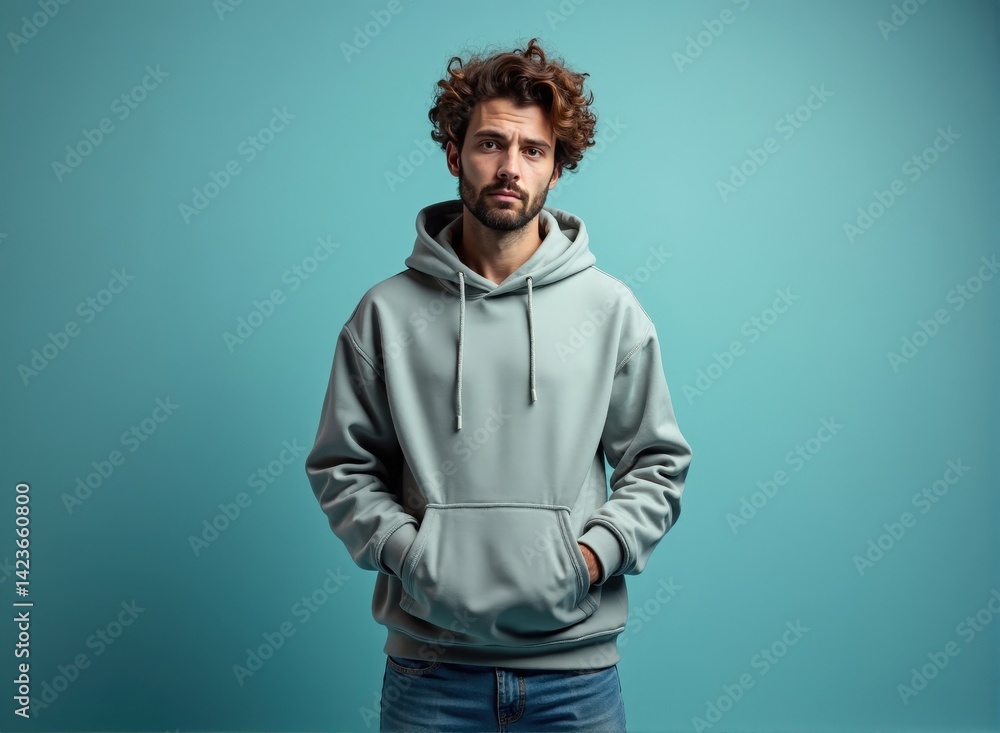 Fototapeta premium A man with pale skin and curly hair, wearing a hoodie and jeans, expressing depression, standing in front of a pastel blue background with studio lighting and shallow depth of field.