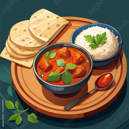 Delicious Indian Chicken Curry with Rice and Naan