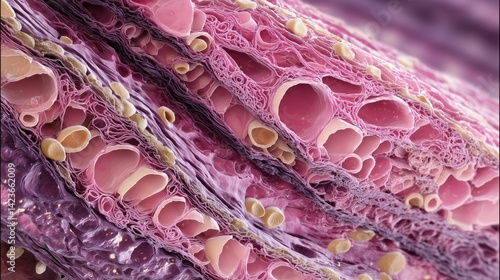 Sturge-Weber Syndrome Awareness Month. Dermatological cross-section of skin showing the histological features of a port-wine birthmark, with enlarged capillaries and venules in the papillary dermis.