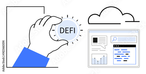 Hand grasping DEFI token, cloud graphic, and data dashboard with graphs and text. Ideal for finance, cryptocurrency, blockchain, digital assets, fintech, innovation and simple landing page