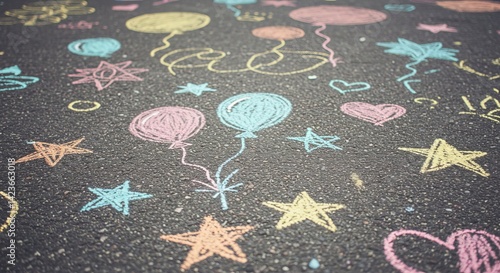 Asphalt background with fun chalk drawings of symbols