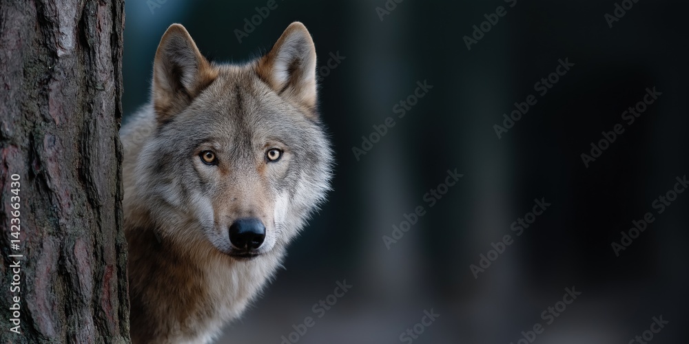 Fototapeta premium A wolf is looking at the camera from behind a tree trunk. The image has a moody and mysterious feel to it, as the wolf is partially hidden by the tree, creating a sense of intrigue and curiosity