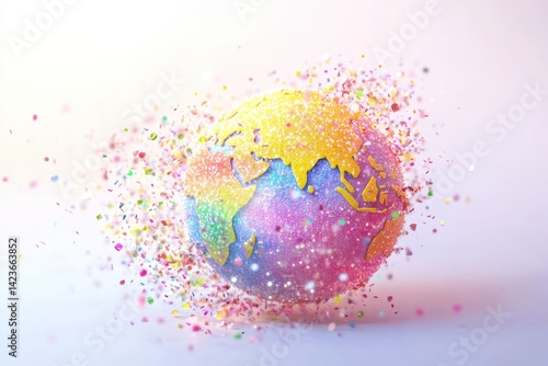 A colorful, sparkly globe explodes with confetti, symbolizing global celebration and joy.