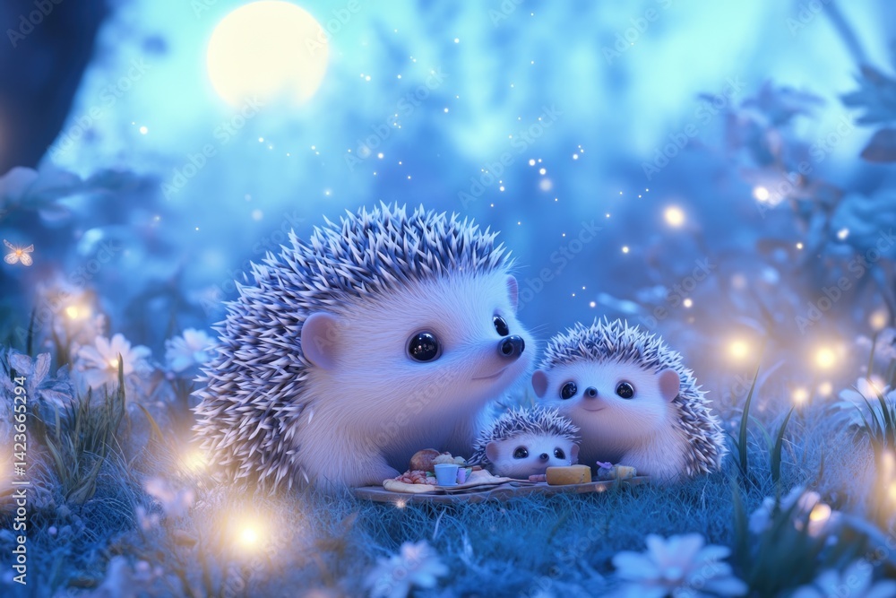 Obraz premium Adorable hedgehog family enjoys a moonlit picnic in a whimsical forest setting.