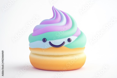 A happy cartoon donut with pastel-colored frosting and a smiling face.