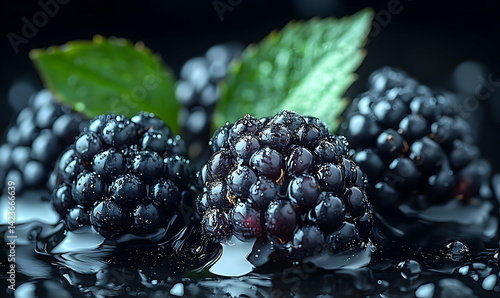 Fresh blackberries glistening with droplets on a dark background, showcasing their vibrant texture