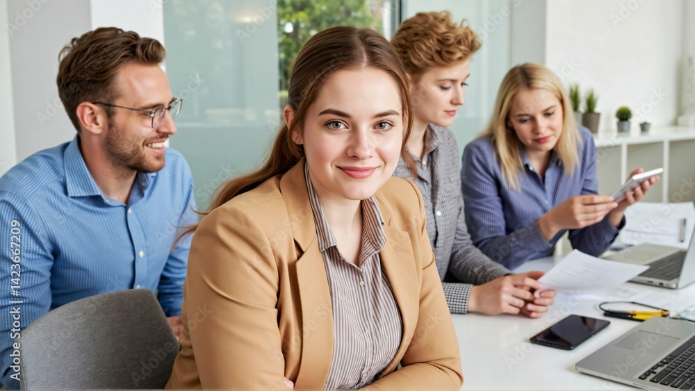 Fototapeta premium Team portrait full of ambition for success in a bright meeting room with a smiling young woman looking at the camera while a diverse young business team works collaboratively in the background