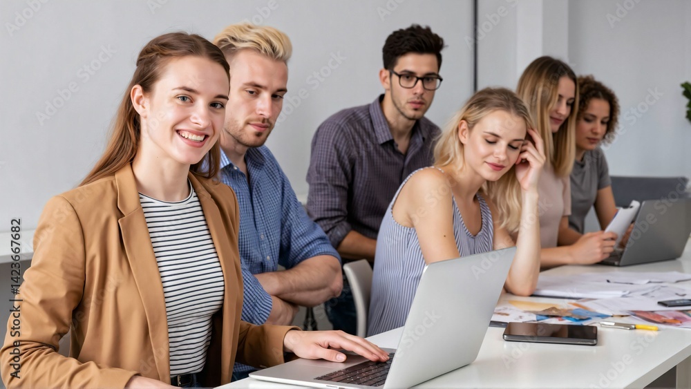 Fototapeta premium Team portrait full of ambition for success in a bright meeting room with a smiling young woman looking at the camera while a diverse young business team works collaboratively in the background