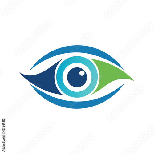 Minimal logo design for a vision care center, featuring a stylized eye incorporating blue and green colors, suitable for branding and marketing purposes