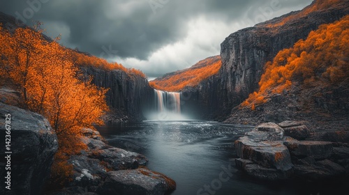 Autumn Waterfall, Dramatic Cliffs, Norway Landscape, Nature