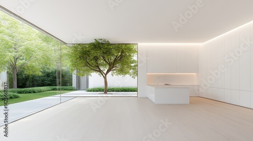 Minimalist empty kitchen interior with large glass window showing a green tree in the courtyard.