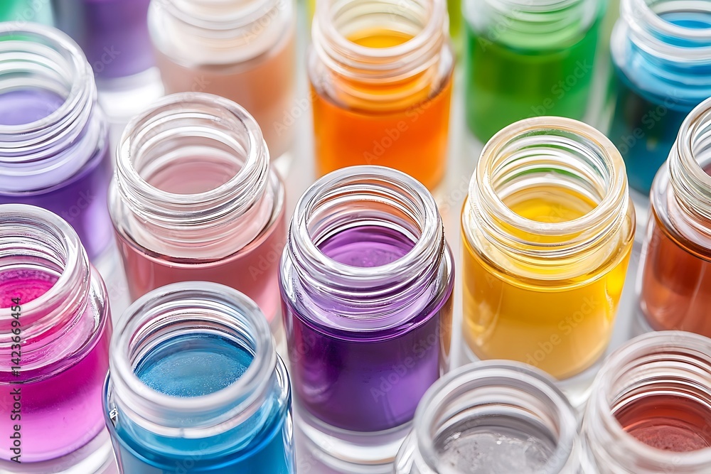 Row of colorful glass vials with liquid in various shades for laboratory or scientific research Row of colorful glass vials with liquid in various shades for laboratory or scientific research